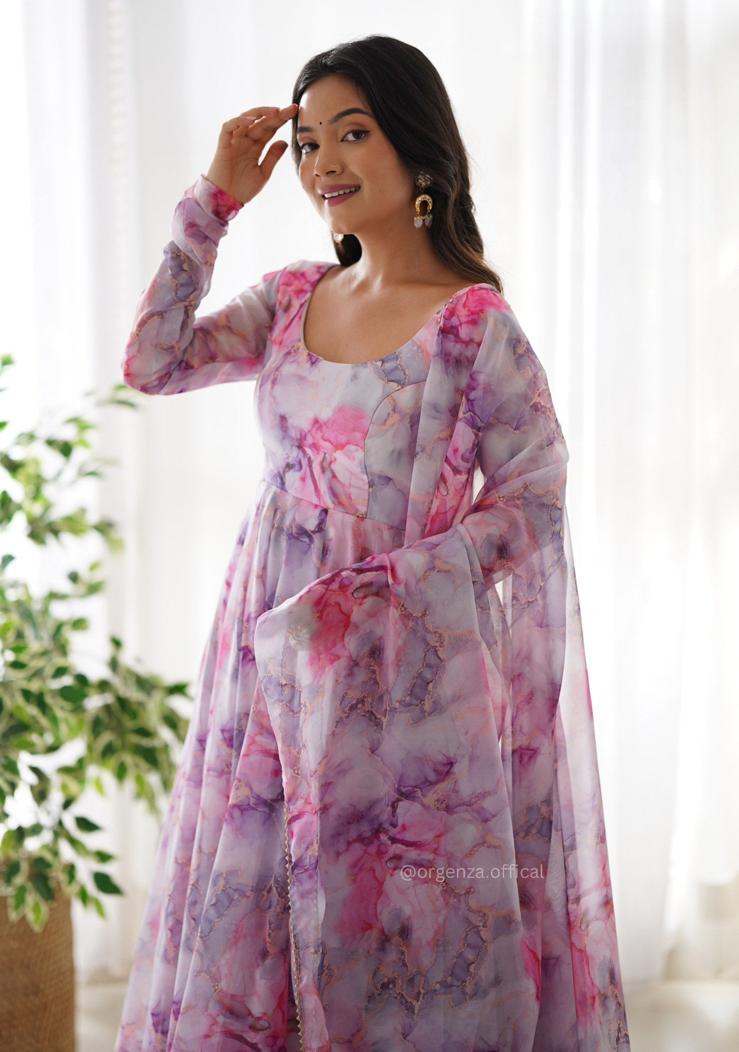 Pure Organza Floral Marble Printed Anarkali Kurti - Orgenza Store