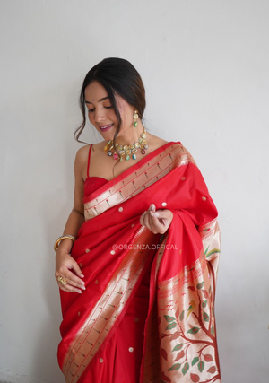 Pure Red Paithani Silk Saree With Zari Weaving - Orgenza Store