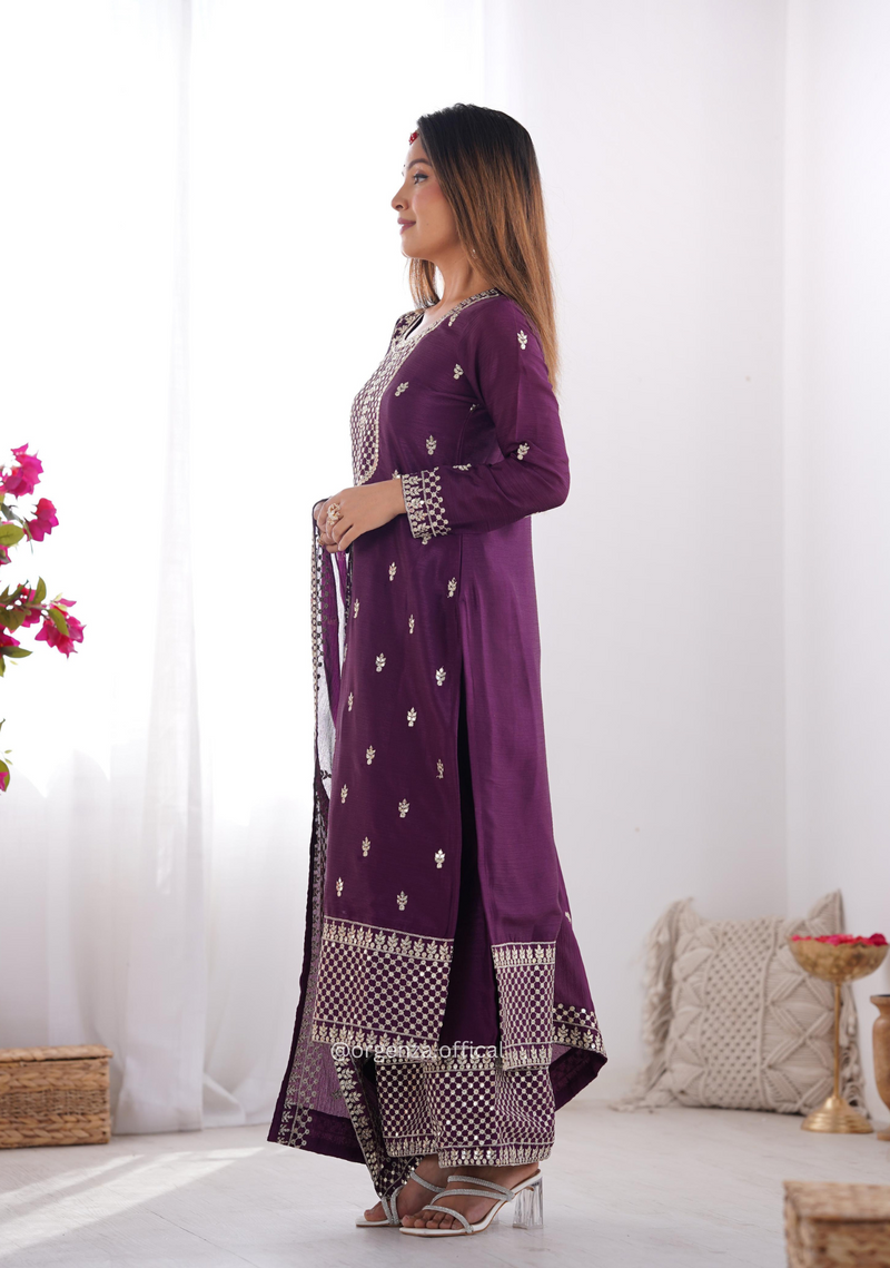 Chinon Silk Fabric Straight Fit Kurta With Dupatta Set