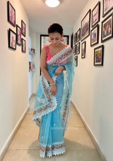 Sky Colour Organza Saree With Embroidery Work