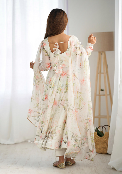 Pure Organza Cream Colour Silk Print Kurti