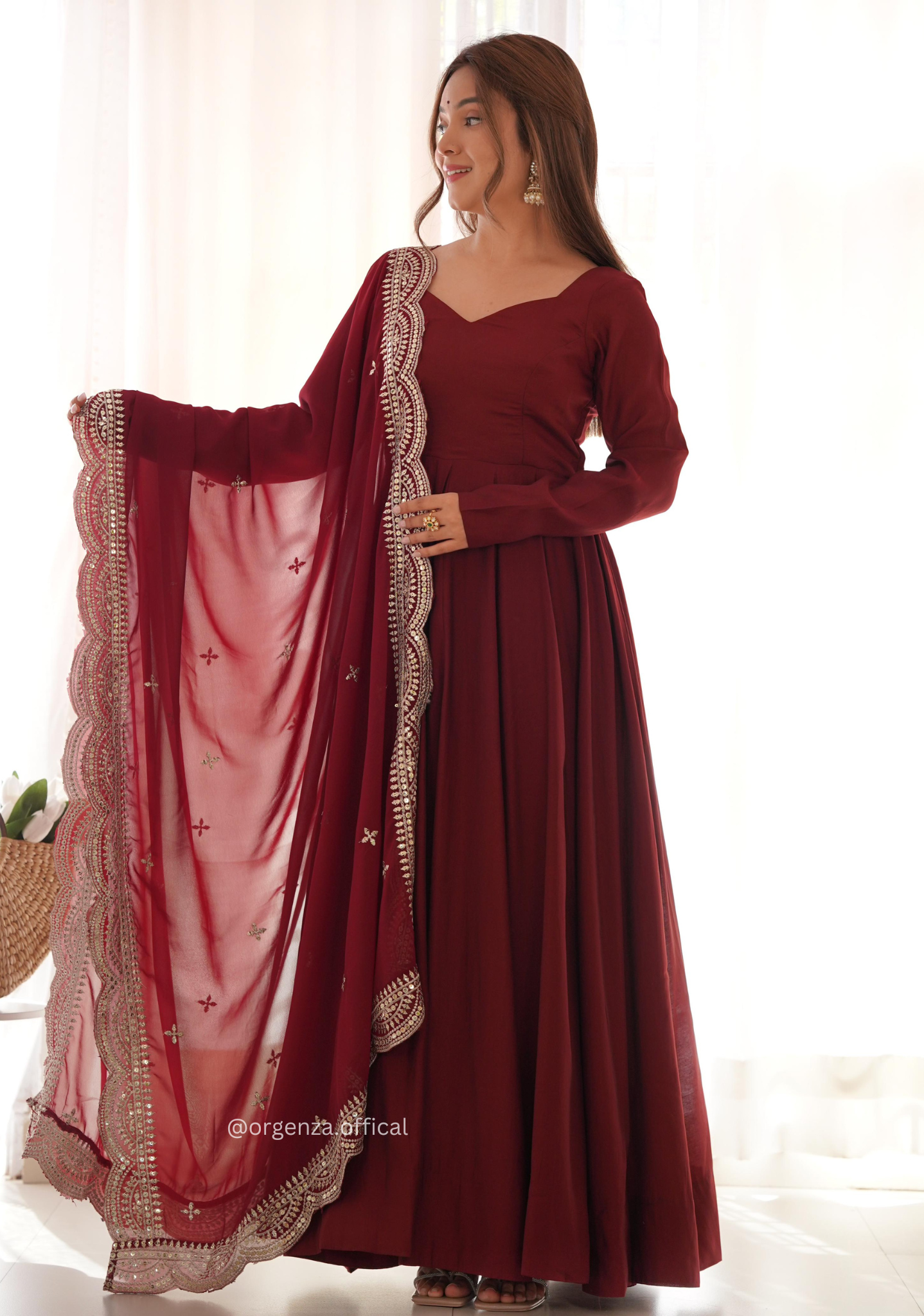 Maroon Colour Roman Silk Chanderi Plain Anarkali Kurti