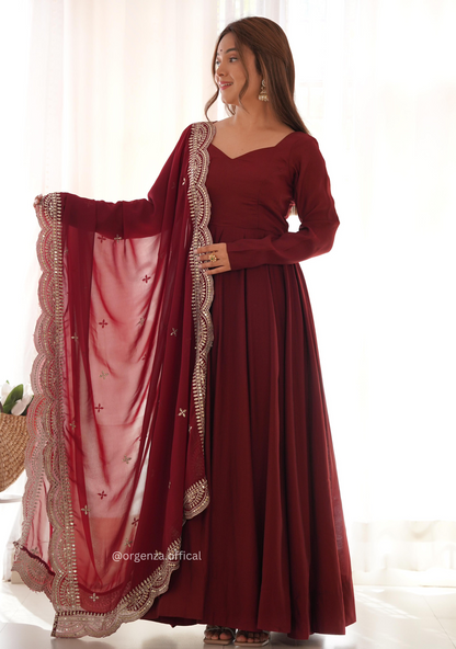 Maroon Colour Roman Silk Chanderi Plain Anarkali Kurti