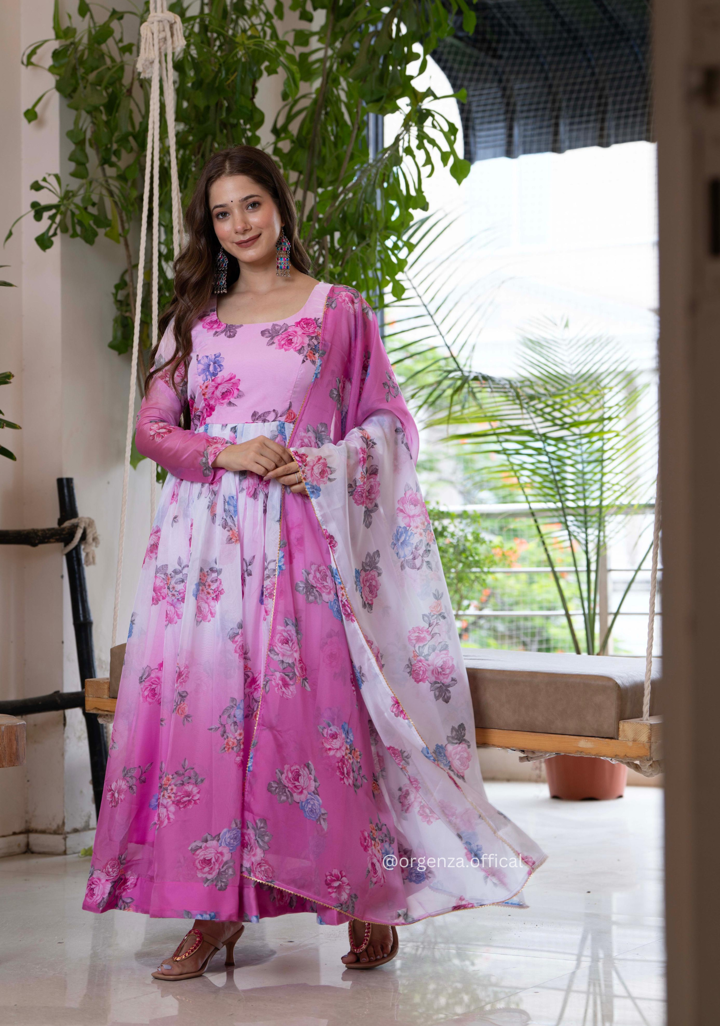 Multi Colour Floral Organza With Dupatta Set