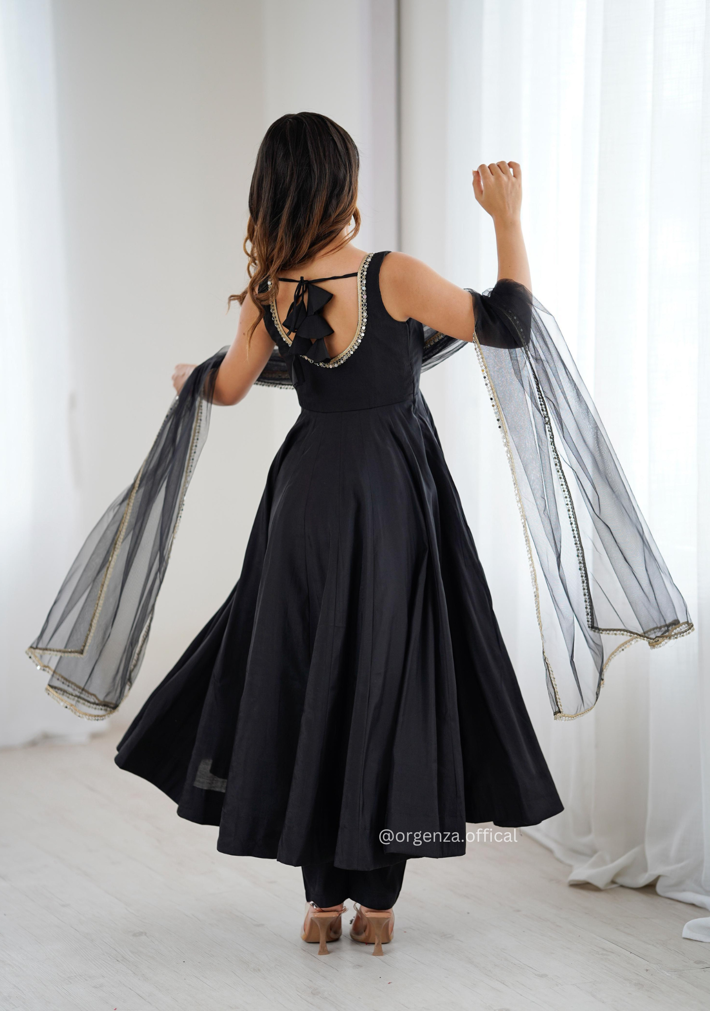 Black Colour Roman Silk Chanderi Plain Anarkali Kurti