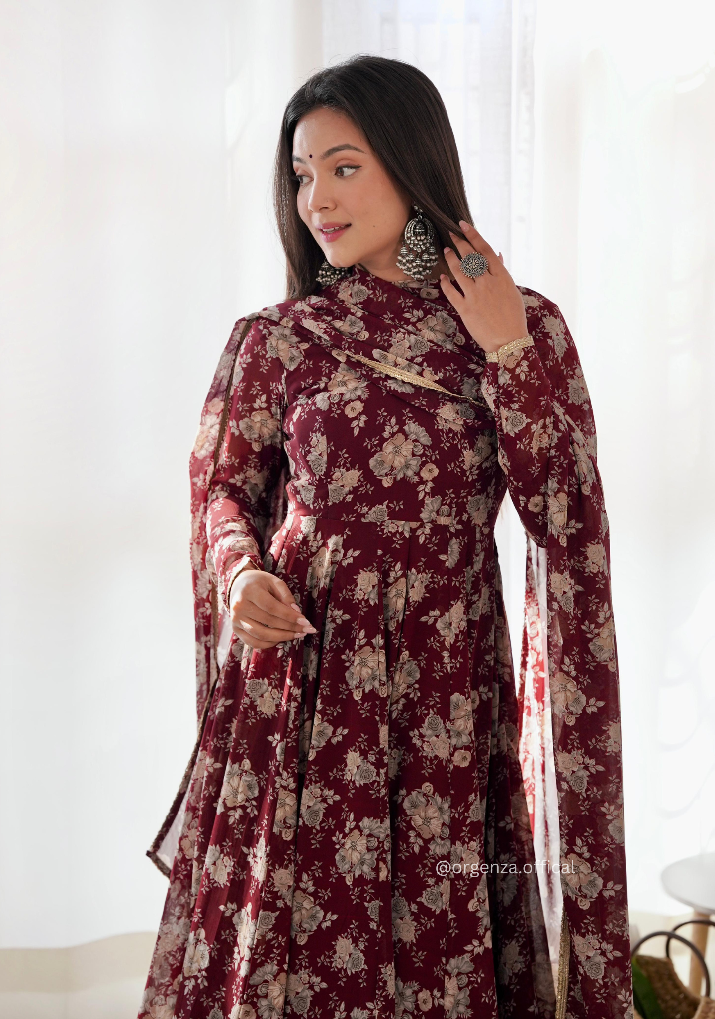 Dark Marron Floral Georgette With Dupatta Set - Orgenza Store