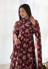 Dark Marron Floral Organza With Dupatta Set