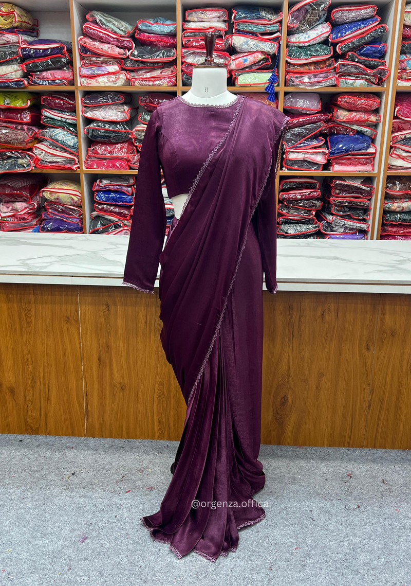 Ready To Wear Wine Colour Marble Velvet Saree