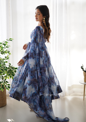 Grey Colour Organza Silk Marble Print Anarkali Kurtis - Orgenza Store