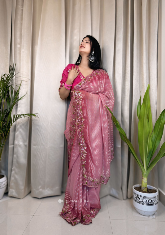 Pink Georgette Saree With Silver Weaving Lining - Orgenza Store