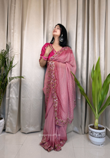 Pink Georgette Saree With Silver Weaving Lining