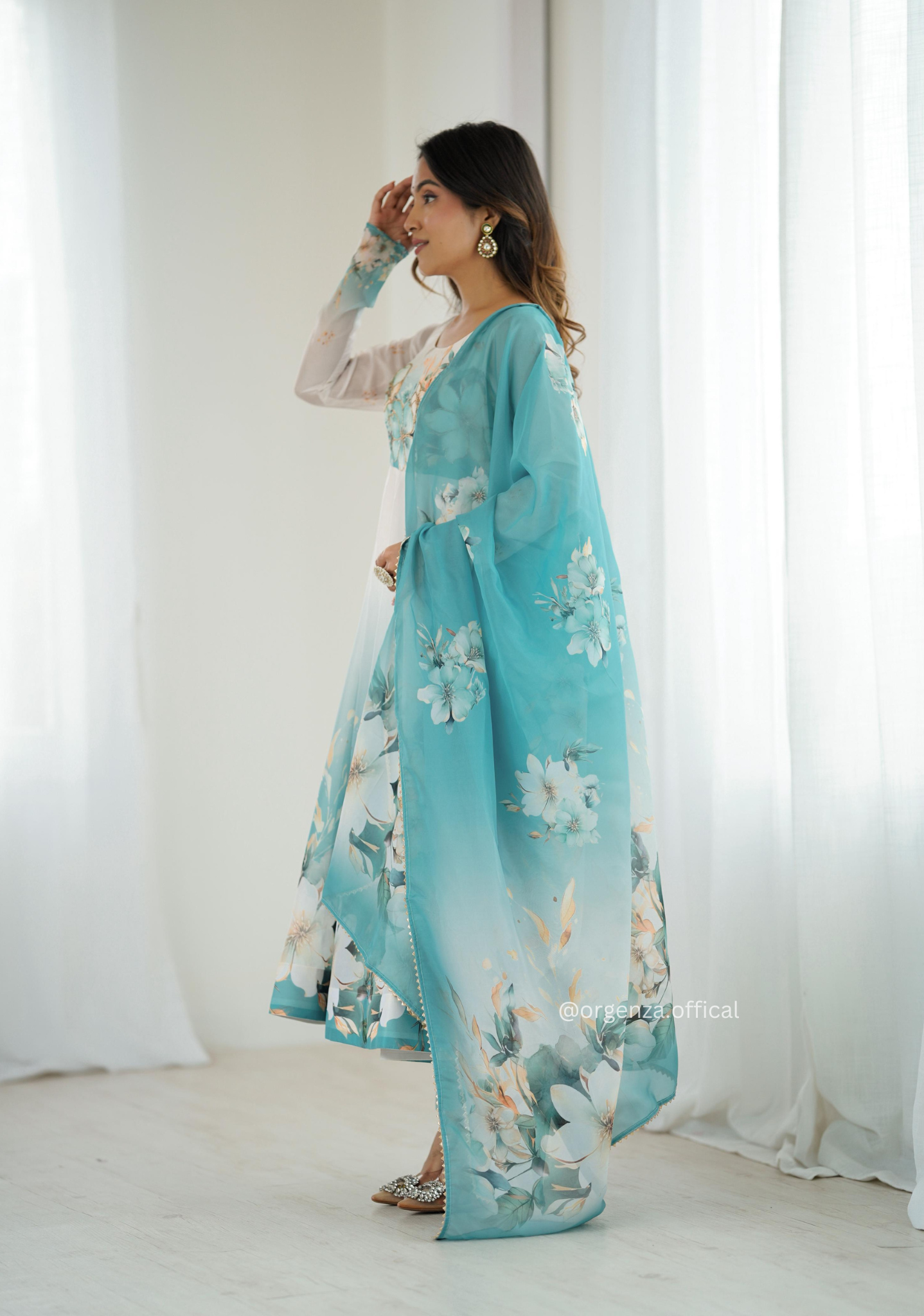 Aqua Blue Colour Organza Anarkali Kurti Set