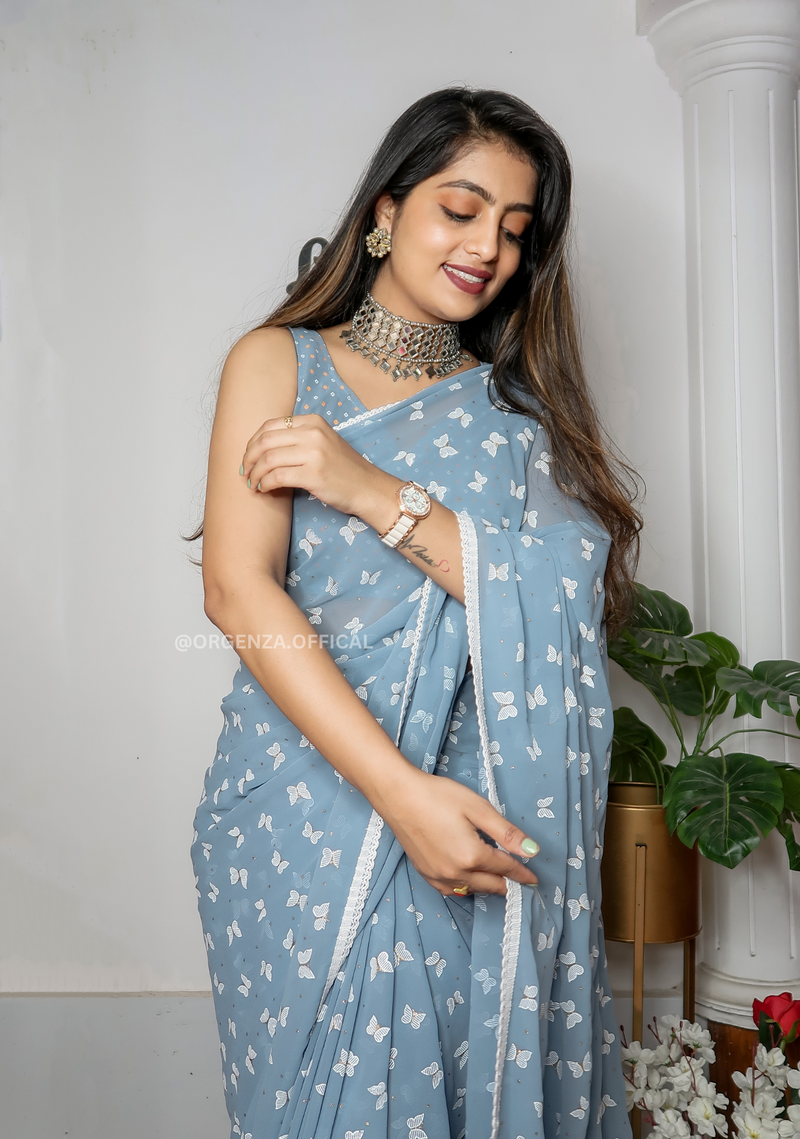 Light Pacific Blue Georgette Saree With Print