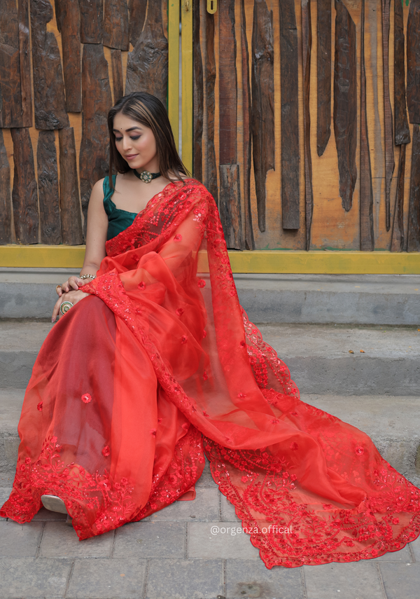 Red Soft Organza Saree With Sequence Work