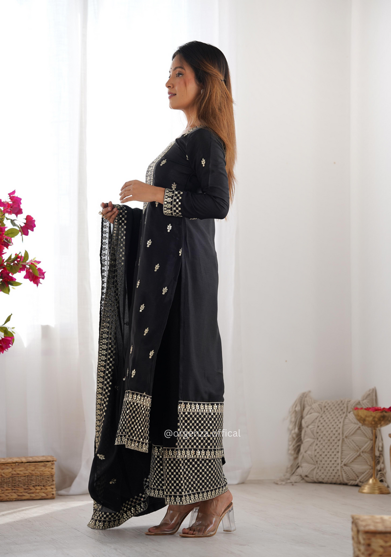 Chinon Silk Fabric Straight Fit Kurta With Dupatta Set