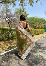 Green Organza Saree With Chikankari Work