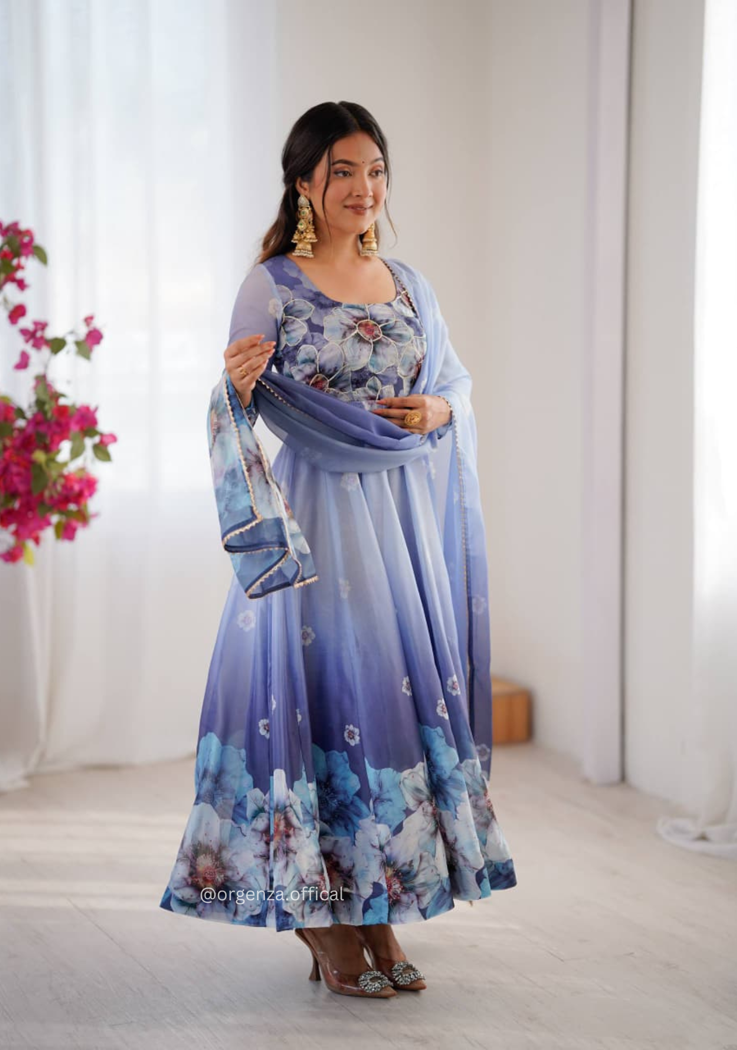 Grey Colour Organza Silk Digital Print Anarkali Kurtis