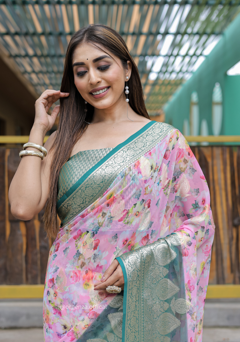 Baby Pink Georgette Saree With Viscose Border