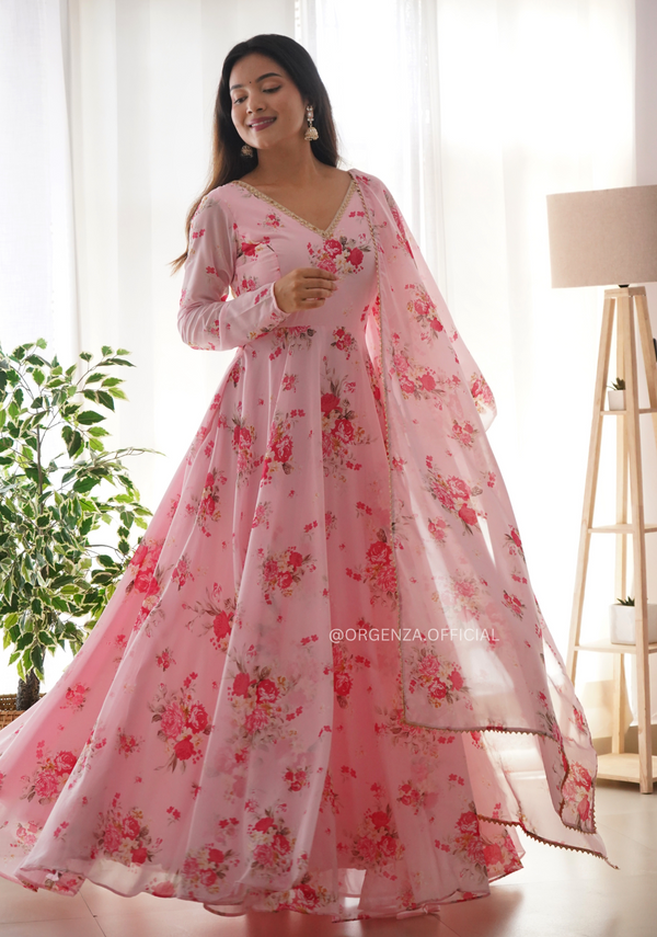Baby Pink Floral Anarkali Kurtis With Dupatta Set