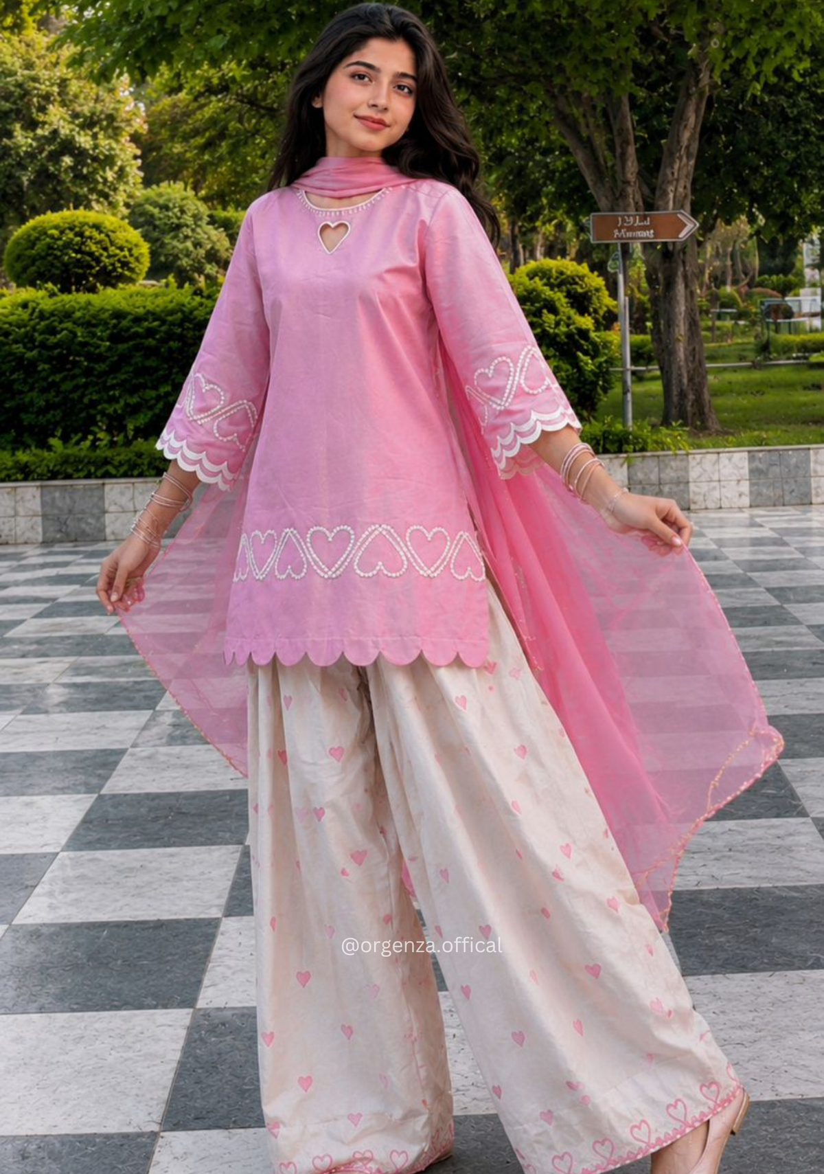 Pink Roman Silk Embroidered Farshi Salwar Suit Set