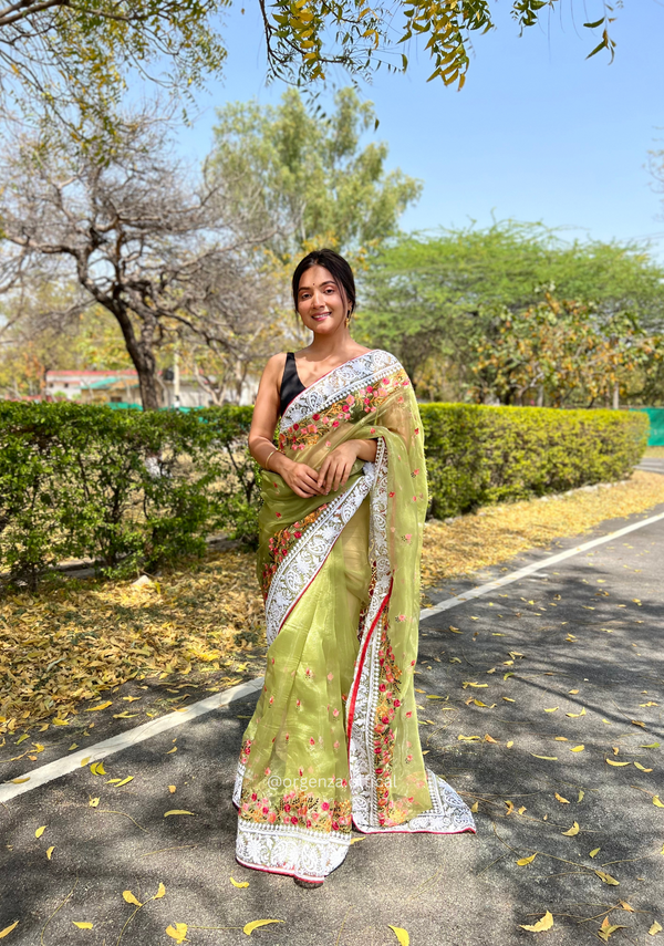 Green Color Organza Saree With Chikankari Work