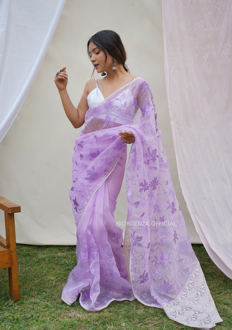 Lavender Colour Organza Saree With Floral Embroidery Work