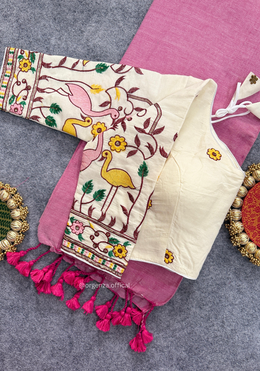 Pink Handloom Cotton Saree With Tassels