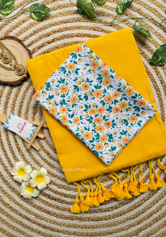 Yellow Colour Cotton Saree With Flower Print Blouse