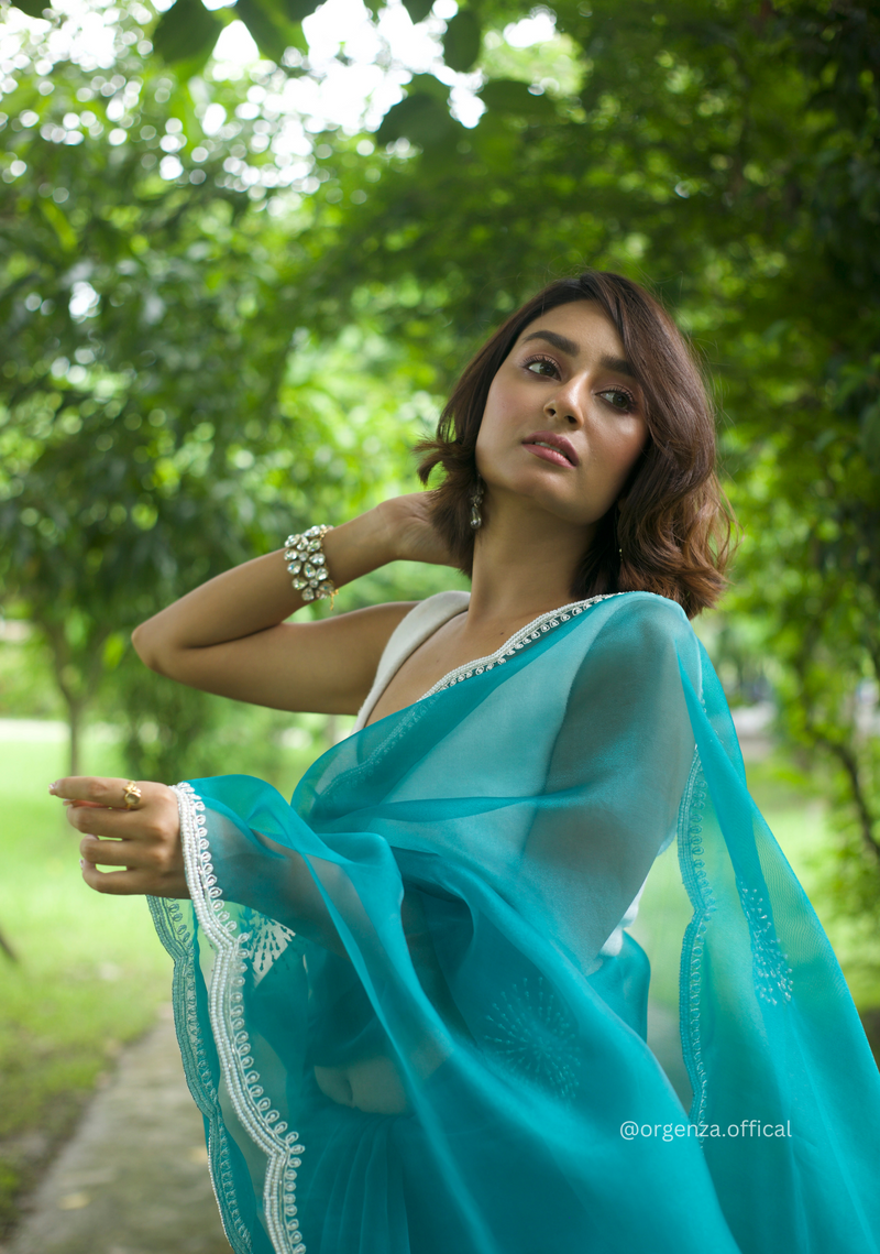 C Green Colour Organza Saree With Hand Work