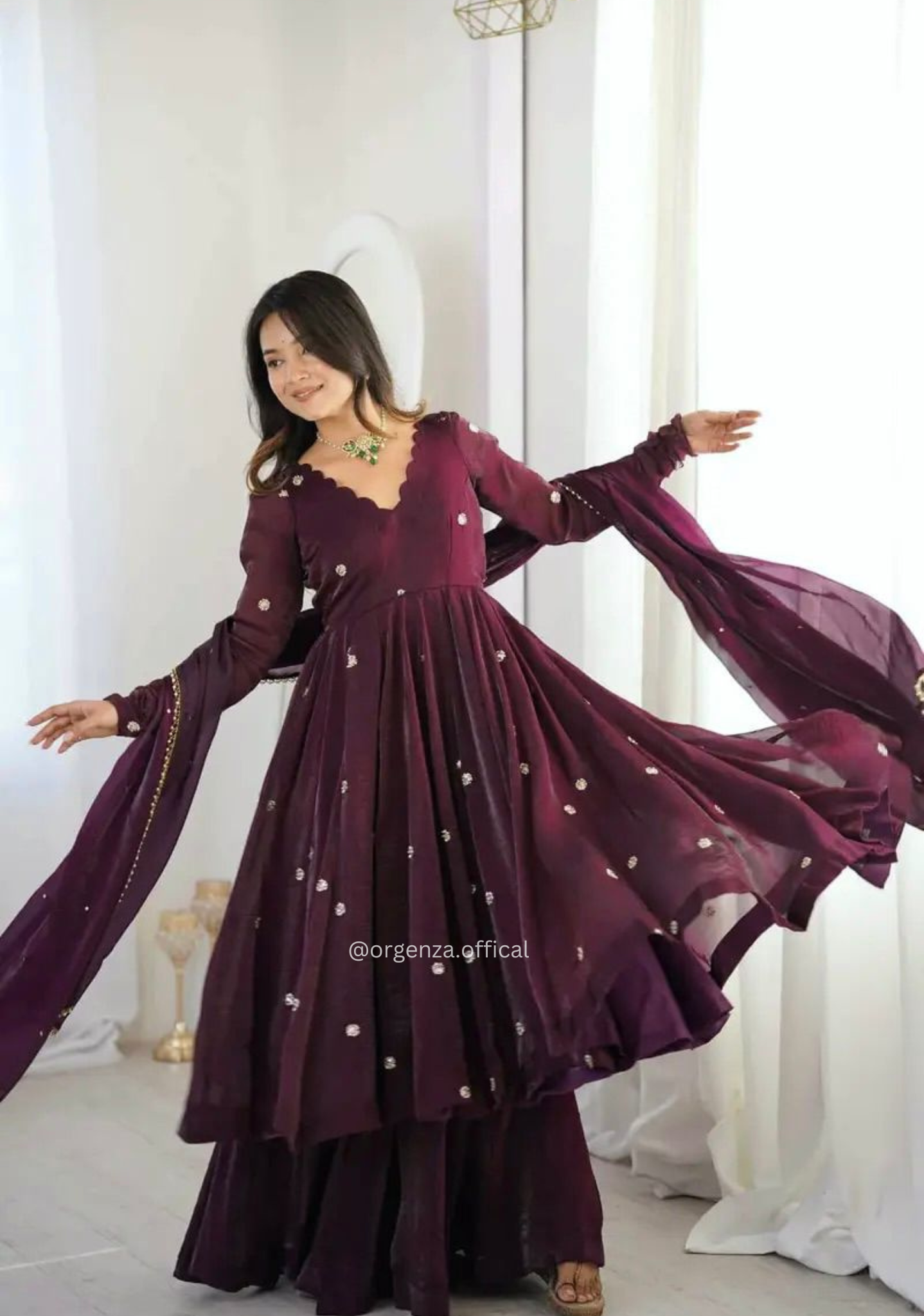 Elegant Embroidered Sequin Anarkali Suit Set in Crunchy Silk with Moti Dupatta – Ready to Wear