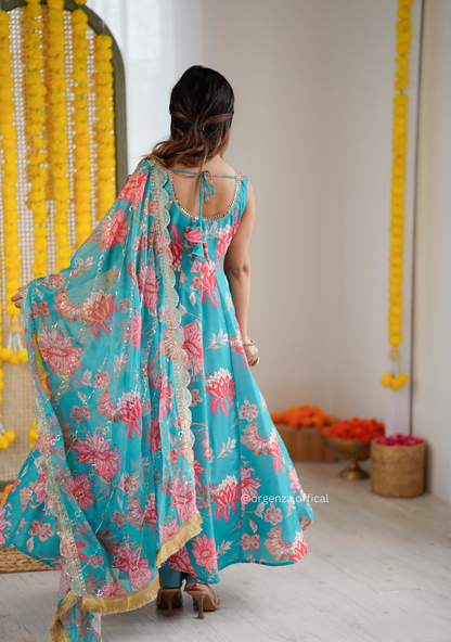 Rama Blue Colour Muslin Floral Print Anarkali Kurtis