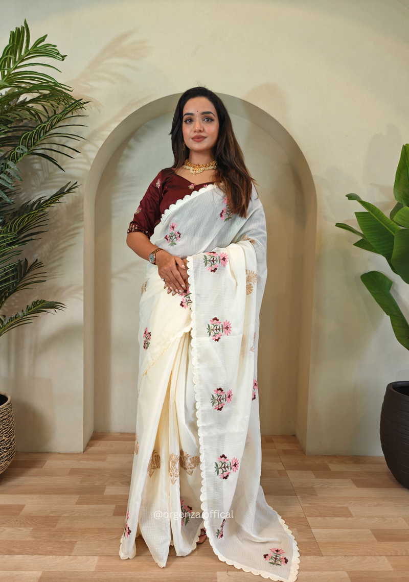 Cream Colour Kota Doriya Chex Pattern Saree