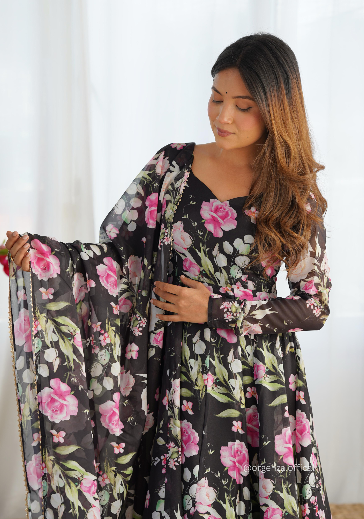 Pure Organza Black Colour Silk Print Kurti - Orgenza Store
