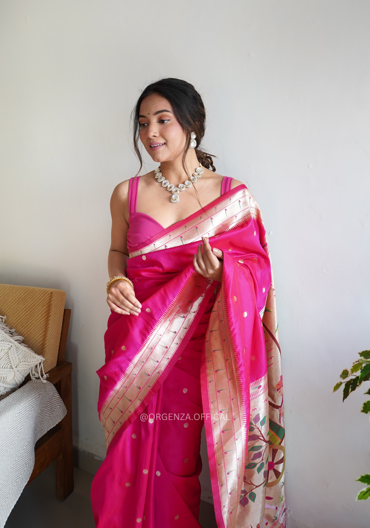 Pure Pink Paithani Silk Saree With Zari Weaving - Orgenza Store