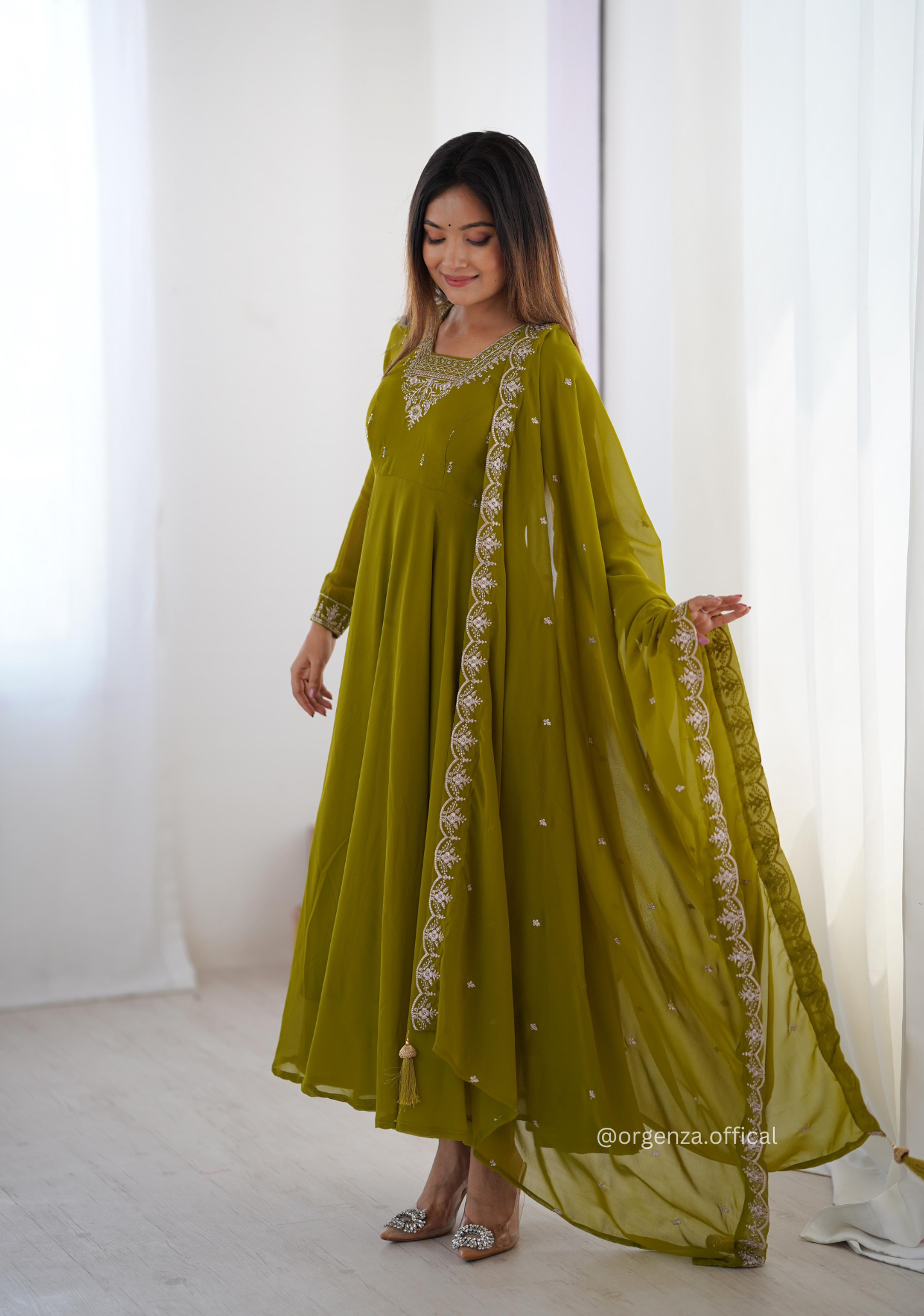 Mehndi Green Georgette Anarkali With Dupatta And Pant - Orgenza Store