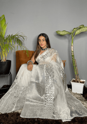 White Organza Saree With Gotta Patti Work - Orgenza Store