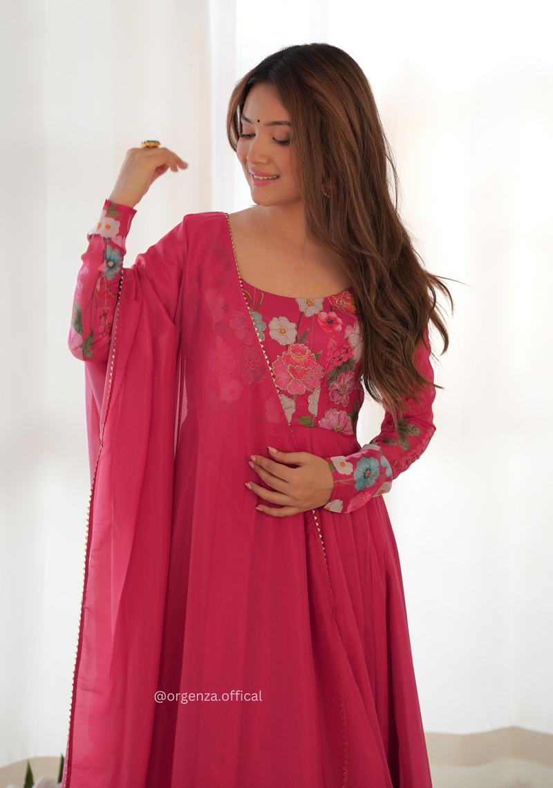 Floral Organza Anarkali With Dupatta And Pant