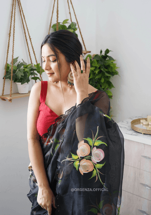 Black Hand Print Organza Saree With Blouse - Orgenza Store - digisoch