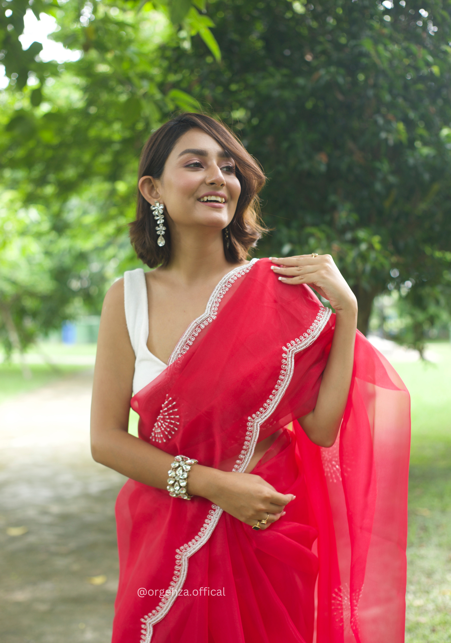 Red Colour Organza Saree With Hand Work - Orgenza Store