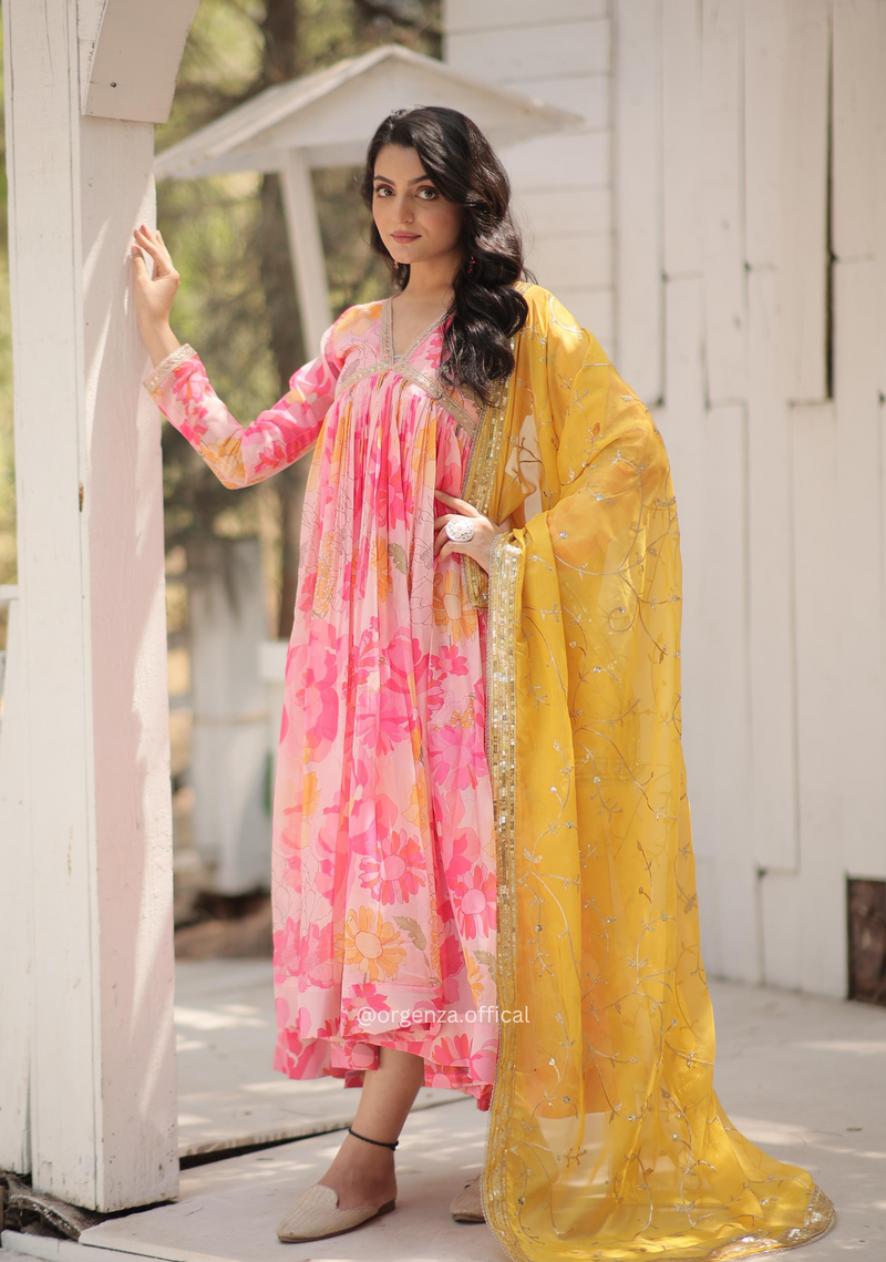 Pink Colour Digital Printed Russian Silk Alia Cut