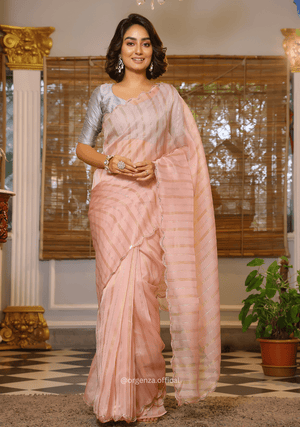 Peach Organza Saree With Weaved Work - Orgenza Store - digisoch