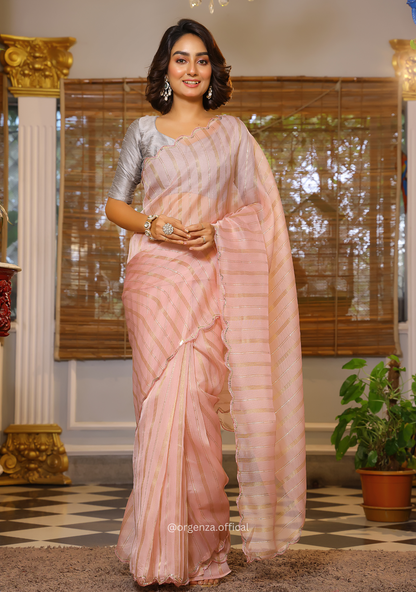 Peach Organza Saree With Weaved Work - Orgenza Store