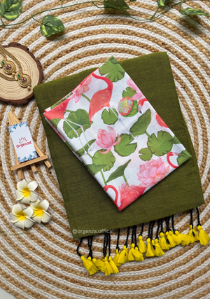 Mehendi Green Colour Cotton Saree With Lotus Print Blouse - Orgenza Store - digisoch