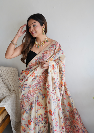 Pure Pashmina Kanchi Weaving Kashmiri Silk Saree - Orgenza Store