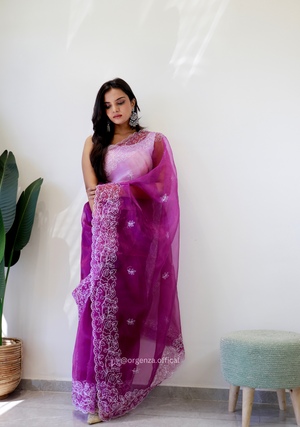Lavender Colour Embroidery Thread Work Saree - Orgenza Store