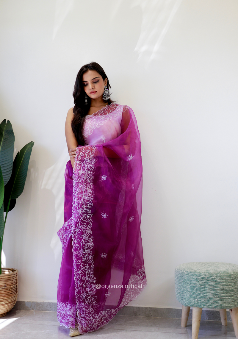 Lavender Colour Embroidery Thread Work Saree