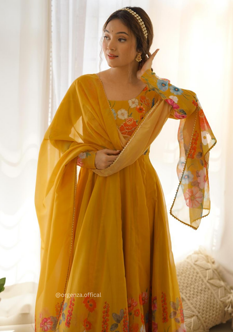 Floral Organza Anarkali With Dupatta And Pant