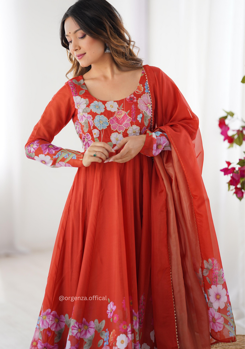 Floral Organza Anarkali With Dupatta And Pant
