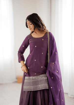 Roman Shimmer Chanderi Silk Kurta Lehenga Set with Embroidered Dupatta - Orgenza Store - digisoch