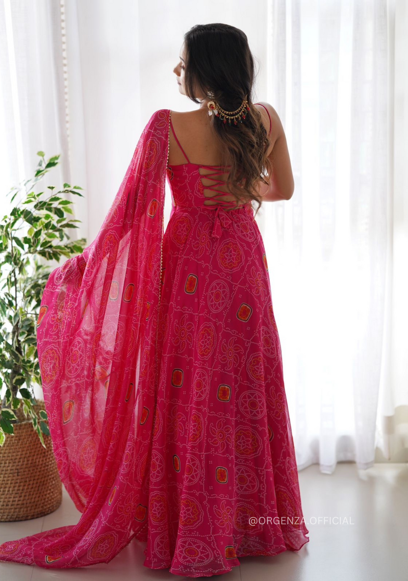 Pink Bandhani Print Georgette Chinon Sequins Work Floor Length Gown Wi –  Mehak Boutique